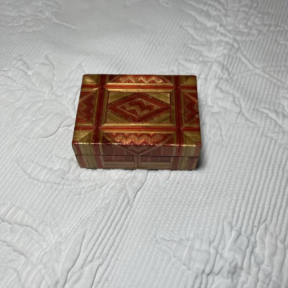 Small Vintage Jewelry Box Western Aztec Indian Handmade Red Orange